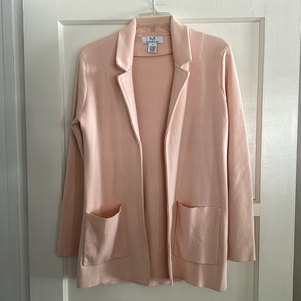 Magaschoni: Longline Open Front Thick Wool Blend Cardigan Light Pink Size Small
